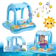 Baby Life Buoy With Bell For 3-36 Months, Inflatable Swimming Ring, Pvc Baby Pool Float Toys With Sunshade And Seat Blue
