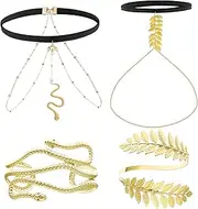 [RechicGu] 4 Pieces Thigh Chain Set for Women Leaf Leg Chains Adjustable Arm Cuff Anklet Bracelet Boho Body Jewelry Accessories for Beach Holiday