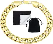 [The Bling Factory] 9.3mm 14k Yellow Gold Plated Rounded Cuban Curb Link Chain Bracelet + Microfiber Jewelry Polishing Cloth