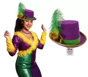 Womens Purple Velvet Mardi Gras Top Hat Gold Rose Green Feather Costume