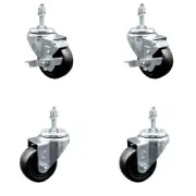 3.5 Inch SS Hard Rubber Wheel Swivel 3/8 Inch Threaded Stem Caster Set 2 Brakes