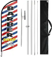QSUM Barbershop Swooper Flag, 11FT Windless Barbershop Flags with Aluminum Alloy Poles/Stainless Steel Ground Stake/Portable Bag, Barbershop Flag for Business Advertising