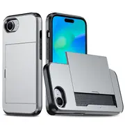 ZUSLAB for Apple iPhone 16e Case, Slide Armor Card Holder Protective Shockproof Hard Back Cover (2025) - Silver