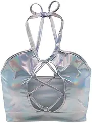 FlyCC Women's Metallic Keyhole Cutout Backless Halter Rave Dance Crop Tube Top Bra