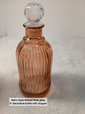 Retro Style Ribbed Rose Glass 6" Decorative Bottle With Stopper New, No Box