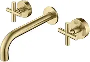 Decaura Bathroom Wall Sink Tap Set Cross Handles Basin Bath Spout Vanity Spa Bathtub Water Outlet with 1/4 Turn Twin Tap Set Brass (Brushed Gold)