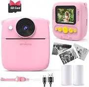 NUOTUN Instant Camera Children, Children's Camera with Photos Print, 2.0 Inch HD Screen, 8X Zoom, 1080P Digital Camera with Printing Paper & Card, Children's Camera Gift Girls & Boys 3-12 Years (Pink)