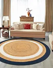 [Aizza Trends] Indian Handmade Braided Navy Blue & White Boder Jute Area Rug-Floor Carpet Rug-Bed Side Runner Rug-Doormat Rug - 9 x 9 Feet Round (270 cm x 270 cm)