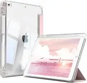 KVTVOU iPad 9th Generation (2021) / iPad 8th Gen (2020) / iPad 7th Gen (2019) Case with Pencil Holder, Auto Sleep/Wake, Clear Hard PC Back Shell Slim Trifold Stand Cover for ipad 10.2 inch, Pink