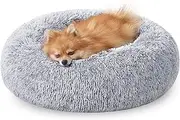 Feandrea Fluffy Dog Bed, Cat Bed, Doughnut Cushion, Washable, Removable Padding in The Centre, Long Plush, 60 cm Diameter, Ombre Grey PGW038G01