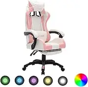 vidaXL Faux Leather Adjustable Gaming Racing Chair - Pink and White - with RGB LED Lights, Retractable Footrest, Padded Head Pillow and Waist Cushion.