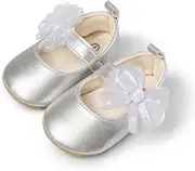 [Sawimlgy] Baby Girls Flower Mary Jane Flats with Bow Anti Slip Hard Sole Infant Crib Shoes Princess Dress Wedding Shoes
