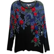 Chico's Touch of Cool Floral Layering Tee Sz 3 (Womens Large) Black Colorful Top