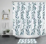 Summer Farmhouse Blue Botanical Leaf Shower Curtain Bathroom Accessories Set