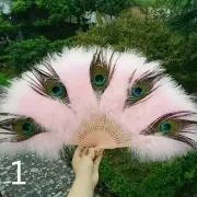 Colourful Peacock Marabou Feather Hand Fan Dance Folding Vintage Fancy Dress New