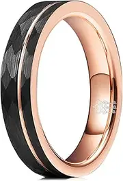 [Three Keys Jewelry] Mens Womens Black Tungsten Rings 4mm 6mm 8mm Hammered Facet Silver Brushed with Rose Gold Stripe Wedding Bands