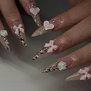 Kaichen Press On Nails - Pink Leopard Print Medium Almond Nails with 3D Bow & Heart | 12 Sizes - 24pcs Nail Kit with Adhesive Tabs
