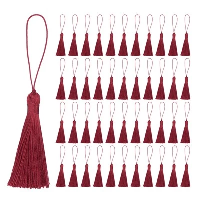 45Pcs Mini Silky Bookmark Tassels, Handmade Soft Floss Craft Tassels, Wine Red