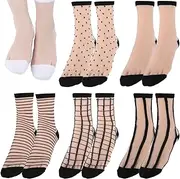 [ZEACCT] 6 Pairs Dot Striped Socks, Plaid Sheer Black Socks, Transparent Mesh Summer Socks, Women's Sheer Mesh Lace Ankle Socks, Women's Ankle High Sheer Socks, Through Silk Socks, for Women Thin Fashion,