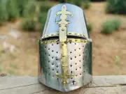 Medieval Templar Helmet Knight Crusader Helmet Halloween Larp With Stand Gift