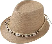 [IBLUELOVER] UV Protection Straw Fedora Hat Breathable Summer Beach Hat Short Brim Trilby Hat with Shell Ornament for Men Women