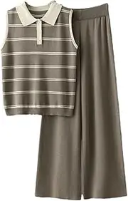 [HEYDHSDC] Women Sleeveless Striped Knitted Vest Tops Loose Wide Leg Pant Casual Two-Piece Set For Suit Knit Tracksuit