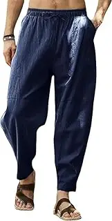 [Generic] Mens Linen Harem Pants Casual Loose Fit Beach Drawstring Elastic Waist Yoga Trousers with Pockets