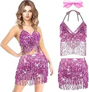 [Lets Joy] Women's Sequin Set, Sequin Skirt Women, Sequin Top Women, Heart Glasses, Tassel Glitter Skirt, Belly Dance Costume, Belly Dance Hip Scarf, Glitter Carnival Dance Music Club Costume