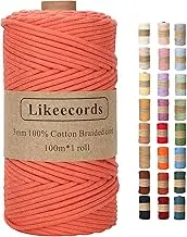 Likeecords Braided Macrame Cotton Cord 3mm x 109yards,Macrame Rope, 100% Natural Cotton Rope Macrame String,Colorful Cotton Craft Cord for Bag,Wall Hanging, Plant Hangers, Crafts, Knitting（Orange）