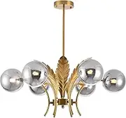BOKT Gold Sputnik Chandelier Mid Century Smoky Gray Glass Chandelier Light Leaf 6-Light Adjustable Ceiling Hanging Light Fixture Globe LED Pendant Lighting for Kitchen Living Room Hallway Bedroom