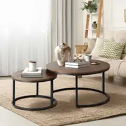 Oikiture Set of 2 Coffee Table Round Nesting Side End Table Walnut & Black