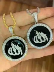 Solid 925 Silver Mens Large Allah Muslim Islamic Pendant Chain Iced CZ Hip Hop