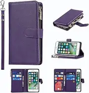 Cavor for iPhone SE 2020/ SE 2022 iPhone 7/8 Case PU Leather Folio Flip Wallet Back Cover Magnetic Case with Hand Strap/Lanyard Zipper Coin Pocket 9 Card Slots Stand Feature Wristlet Strap -Purple