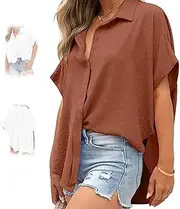 [BnMvF] Women's Casual Button Short Sleeve Slit Hem Shirt Solid Color Tops, Casual Loose Fit Tunic Top with Side Slits,Summer Solid Color Blouse (XX-Large,Brown)