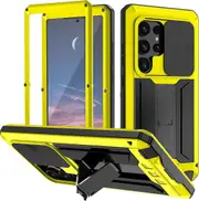 Waterproof Case For Samsung Galaxy S24 Ultra/ S24 Plus/ S24 Aluminum Metal Frame Slide Camera Cover Kickstand Full Body Shockproof-Yellow