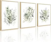 Joocrise Watercolor Botanical Wall Art Set of 3 Boho Floral Canvas Wall Decor Prints Sage Green Wildflower Wall Art Modern Flower Pictures Botanical Painting for Bedroom Bathroom 16x24 Inch Framed