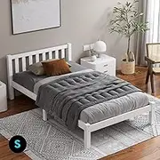 ALFORDSON Single Bed Frame Wooden Bed Base with Solid Wood Pine Timber Slats, Mattress Base Platform with Storage Space, White Bed Foundation with High Headboard, Fenella Series Bedroom Furniture