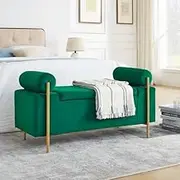 Upholstered Linen Ottoman Storage Bench with Cylindrical Arms and Gold Metal Legs Can Be Used as Footstool Changing Shoe Stool Treadboard Suitable for Hallway Living Room Bedroom (Green)