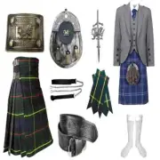 9PCS Mens Kilt Jacket Outfit Traditional Scottish Wedding Dress 5 Yard Kilts Set