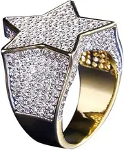 [TYMONT] Pentagram Diamond Ring Star Zircon Ring Men's Gold Plated Rap Hip Hop Accessories Pentagram Ring