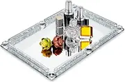 Crystal Glass Tray, Mirror Modern Jewelry Trinket Tray with Crushed Diamond, 11.8" x 7.9" Rectangular Makeup Perfume Tray for Bathroom Bedroom, Home Decor, Hotel Banquet, Party (Silver)