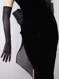 在飛比找Yahoo!奇摩拍賣優惠-【手套】黑絲手套52cm超長款高彈性蕾絲網紗半透明透視黑色婚