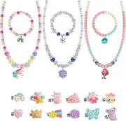 18PCS Girls Jewelry Princess Necklace Bracelets and Rings Gift Set for Kids, Beads Elastic Jewelry Unicorn Mermaid Snowflake Princess Dress-up Toys for Little Girl Age 4-7 Party Bag Fillers