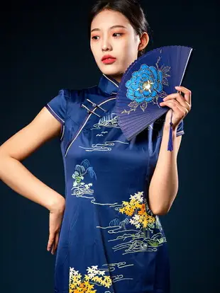 中國風描金牡丹花女式折扇古風全竹扇工藝禮品扇隨身折疊小扇子