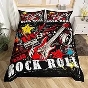 Manfei Rock Roll Kids Duvet Cover Set Twin Size, Fashion Guitar Headphone Bedding Set for Boys Girls Adults Bedroom Decor, Musical Theme Comforter Cover, Soft Polyester Quilt Cover, 1 Pillowcase
