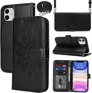 Cavor Crossbody Wallet for iPhone 11 6.1'' PU Leather Case Magnetic 3D Embossed Flower Women Flip Kickstand with Card Holder Shoulder Lanyard Protective Cover-Long Strap Flower Black