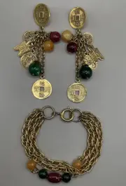 Women’s Bracelet Earrings Set Asian Coins Lucite Beaded Gold Tone Metal