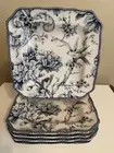 222 FIFTH ADELAIDE BLUE SQUARE 8.5" SALAD PLATE Set of 4 NEW FLOWER BIRD DESIGN