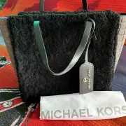 MICHAEL KORS SINCLAIR LEATHER/LOGO PRINT CANVAS REAL SHEARLING FUR TOTE BAG; NWT