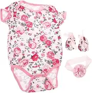 Didiseaon 3pcs Romper with Rose Pattern Flower Headband Shoes Soft Cotton Short Sleeve Jumpsuit Outfits for Years Old
